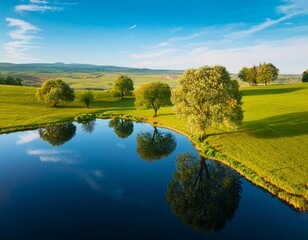 Beautiful view of prairie and amazing trees reflected on the blue water surface somewhere in a rural area; horizontal shot; high quality photo 