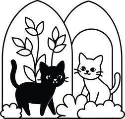 cute kittens exploring enchanted garden illustration on transparent background