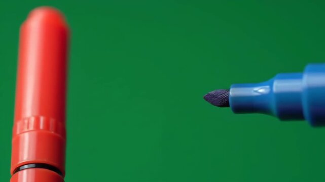 Isolated plastic green marker pen and red marker pen with a red marker line on the green body