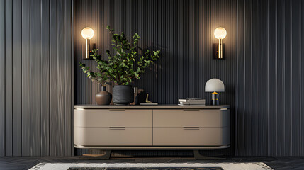 A contemporary setting with dark fluted accent walls, a sleek beige console table with metallic trim, dark vases for lush green plants and stylish ceiling and table lamps, and a minimalist rug.