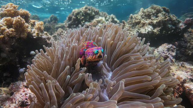 Shy Coral Creature with Glowing Eyes Hiding in an Anemone
