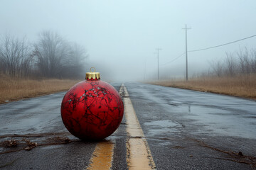 A large red ornament lies in the middle of a foggy, deserted road. Concept of surreal and holiday-themed landscape. For holiday greeting cards with a unique twist.