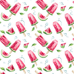 Seamless pattern watermelon popsicles arranged on a white background