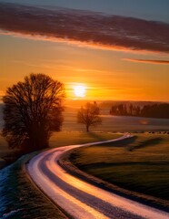 Evening landscape image; over a green field and a country road lit by the orange sunset 
