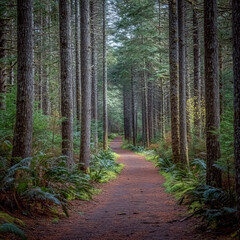 Tall trees line a winding path through a dense, lush forest. Concept of nature walk. For nature photography.