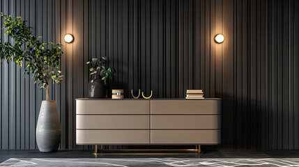 A sleek light beige console table with metallic trim, lush green plants in dark vases, stylish spherical wall sconces and table lamps, and a minimalist rug are all part of the elegant modern interior.