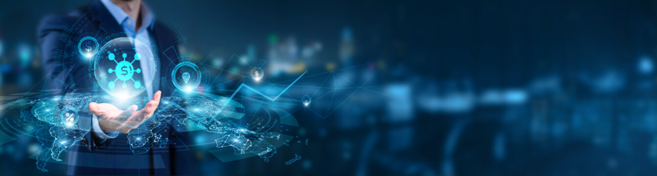 Businessman hand hold of DeFi and global networking. decentralized finance systems, blockchain-based lending, smart contract platforms, peer-to-peer transactions, digital asset innovation.