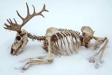 Deer skeleton lying in snow, partially covered. Concept of nature's cycle. For educational material on wildlife biology and ecology.