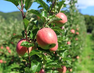 Obraz premium Fresh apples hanging on branches in an orchard
