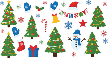 Christmas Holiday Elements Vector with Trees, Snowman, Gifts, Decorations, Santa Hat, Candy Cane, Bell, Mittens, Snowflakes, Celebration Icons