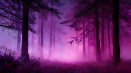 Fototapeta premium Mystical Forest Scene Bathed in Deep Magenta Hues with Fog and Glowing Highlights