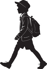 Fototapeta premium Schoolboy Pupil Child Kid with Backpack Walking to School Silhouette Shadow Outline Contour Vector Illustration, Black
