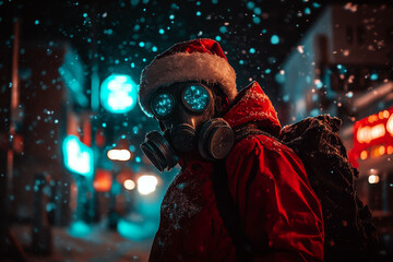 Individual in red coat and gas mask in a snowy nighttime street. Concept of holiday apocalypse. For sci-fi or winter themed projects.