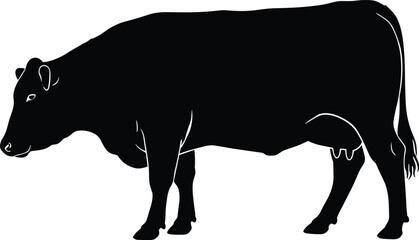 Cow silhouette facing left with visible udder, tail, legs, head, ears, and muscle contours, black farm animal vector illustration