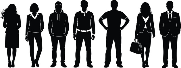 Diverse people silhouettes in casual and formal attire, black vector illustration showing fashion, posture, identity, and social representation themes