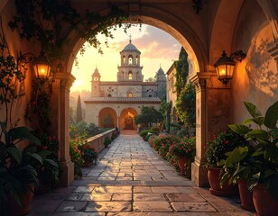 Serene sunlit courtyard of a historical monastery
