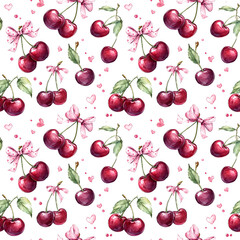 Colorful cherry seamless pattern with ribbons and hearts on a white background for decorative use