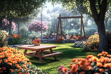 Vibrant summer garden scene with picnic table and children on swing