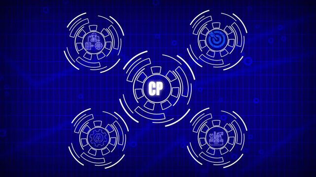 Digital Interface with CP Initials and Four Circular Data Hubs on Blue Grid Background technology futuristic 4k video .