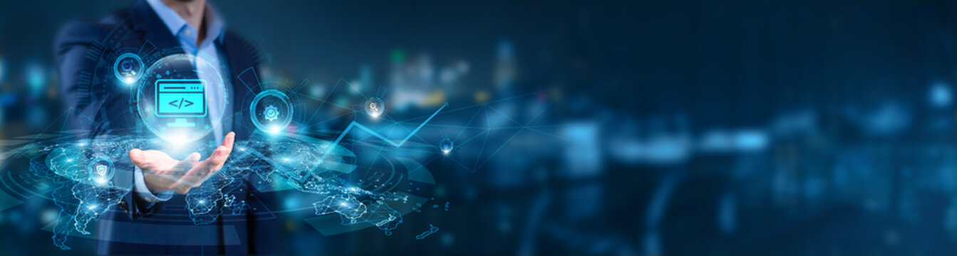 Businessman hand hold of Web Development and global networking. front-end and back-end platforms, responsive website frameworks, CMS solutions, e-commerce integration tools