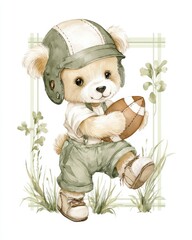  An illustration of A teddy bear playing football in early 20th-century gear during an outdoor game