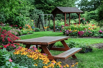 Vibrant garden paradise with picnic table, swings, and flowers invites outdoor relaxation