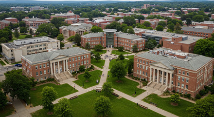 Fototapeta premium Expansive Aerial View of a Historic University Campus with Green Lawns