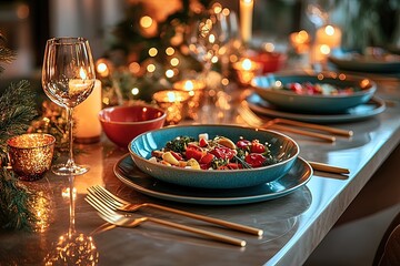 Elegant holiday table setting with festive lights, candles, and gourmet salad