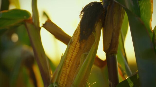 Golden sunlight filters through leaves, illuminating mature corn ready for harvest in a rural field. The scenery captures the essence of autumn and agricultural abundance