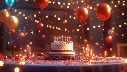 Celebrate life's moments with a festive birthday cake, balloons, and glowing lights