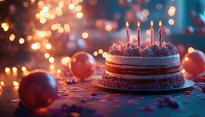 Celebrate joyfully with a festive birthday cake and warm bokeh lights