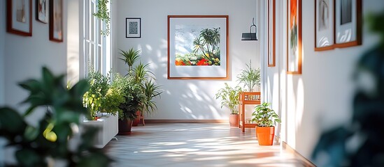 Sunlit hallway oasis with lush plants and vibrant art brings calm modern elegance