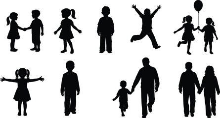 Silhouettes of children and adults interacting, walking, running, jumping, holding hands, balloons, expressive poses, black vector family scene illustration