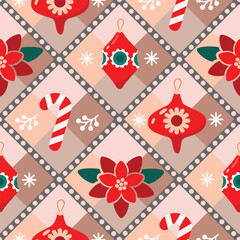 Christmas seamless pattern on geometric backdrop. Santa's stick, Christmas tree decorations, poinsettia. Red, blue, white colors. Diamonds, stripes, dots in beige. Vector design for winter holidays.