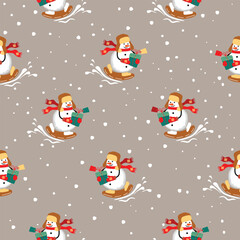 Winter seamless pattern with cute snowman. Funny cartoon character with snowbord and gift, dressed in red scarf, mittens and brown hat. Christmas  print on fabric and paper. Vector design.