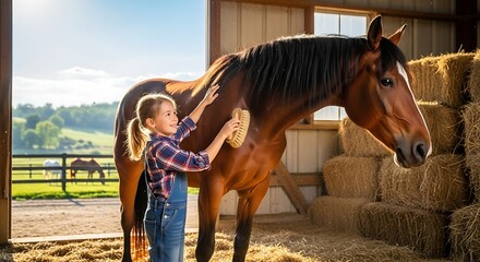 Fototapeta premium A young girl lovingly brushes a chestnut horse in a rustic barn bathed in warm sunlight A heartwarming moment of care and companionship