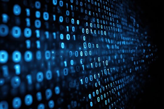 Exploring the depths of binary code technology with an abstract background of glowing blue digits in a digital universe