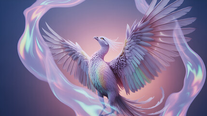 Obraz premium Graceful phoenix with open wings surrounded by iridescent liquid swirls