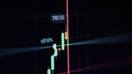 Closeup bitcoin price evolution in trading. Cryptocurrency exchange diagram