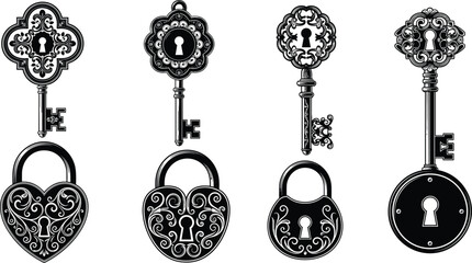 Vintage ornate keys and matching locks silhouette set with filigree design, heart shapes, scrollwork, black vector illustration for decoration © Kseniia Dizdar