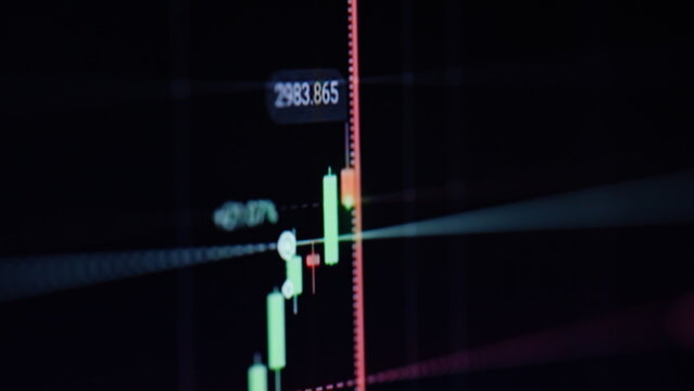 Closeup bitcoin price evolution in trading. Cryptocurrency exchange diagram
