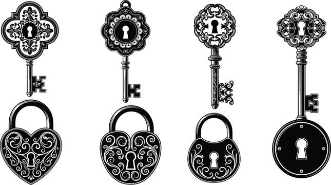 Vintage ornate keys and matching locks silhouette set with filigree design, heart shapes, scrollwork, black vector illustration for decoration