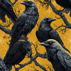 Seamless pattern of black ravens perched on branches with spider webs on orange background for gothic Halloween design
