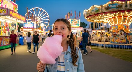 Obraz premium A young girl enjoys fluffy pink cotton candy at an outdoor fair with a Ferris wheel and carousel lit up in the background at twilight