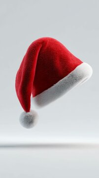 Loop red Santa Claus cap, hat, video. 3D rotating Christmas Hat on white background. 