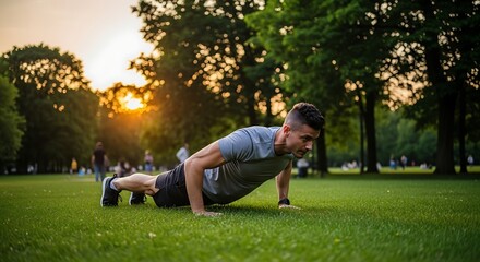 Fototapeta premium Man doing push - ups outdoors on the grass at sunset working hard to maintain his fitness and muscle mass with a challenging workout