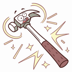A cheerful cartoon hammer with a happy face and wide eyes is depicted in motion with stylized lines and sparkling stars indicating excitement or action