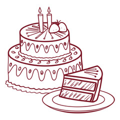 A delightful two tier birthday cake with two lit candles and a slice of cake on a plate hand drawn in a simple outline style perfect for celebration invitations and decorations