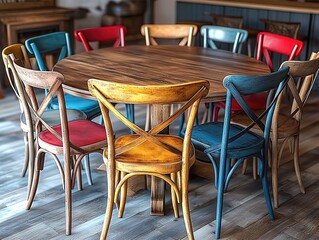 Vibrant, rustic chairs surround a warm wooden table, perfect for cafes