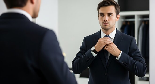 A sharply dressed man adjusts his tie in the mirror perfecting his professional look before heading out showcasing confidence and elegance